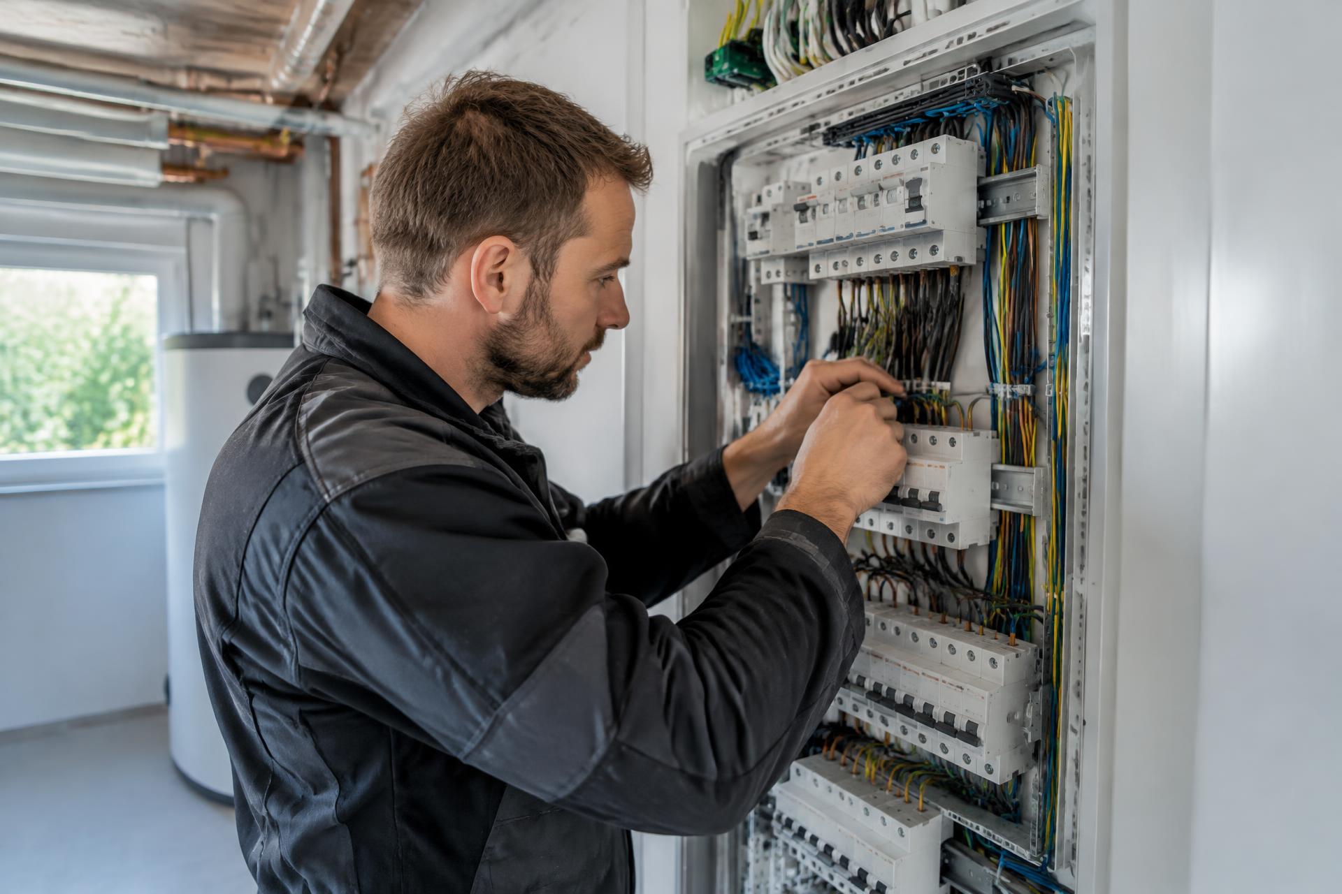 Elektromeister verdrahtet einen Zählerschrank